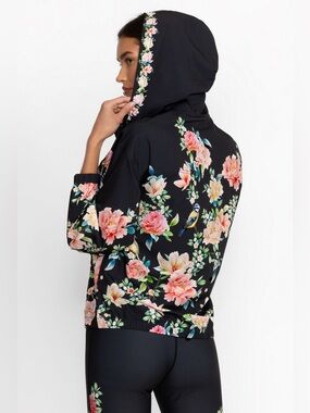 Johnny Was Floral Bird Print Zip Hoodie Jacket Botanical Boho Windbreaker